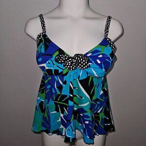 24 & Ocean Tankini Swim Top Size Medium Blue Green Black Print Polka Dot Bra